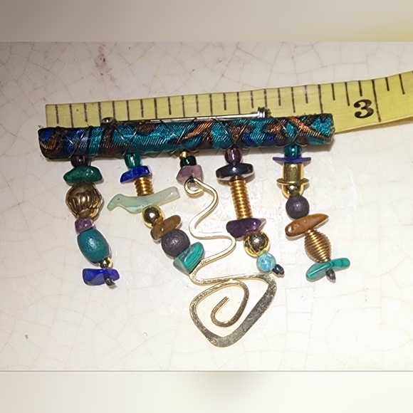 2 1/2 inch Egyptian revival bar dangle brooch, geometric charms, colorful - Picture 5 of 5